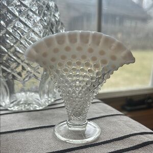 Fenton 4” hobnail opalescent milk glass fan bud vase